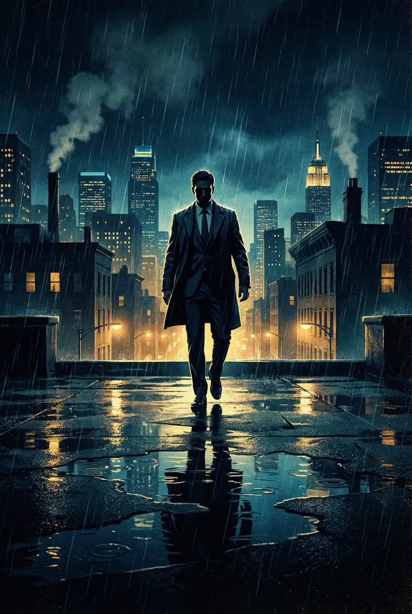 夫妻世界 出品影片《雨夜独行者》海报，雨中城市屋顶男性剪影